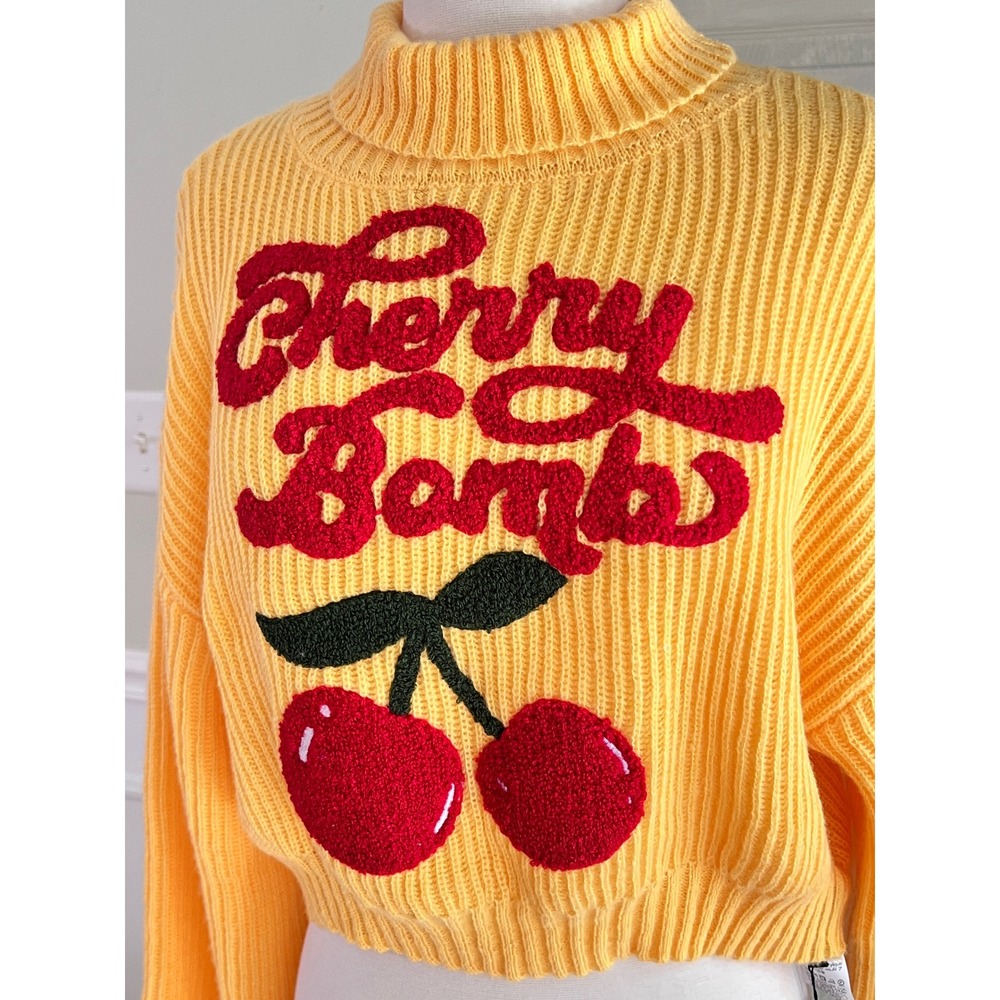 Romwe Cherry Bomb Sweater S Womens Cropped Mock Neck Patch Yellow Retro Coquette